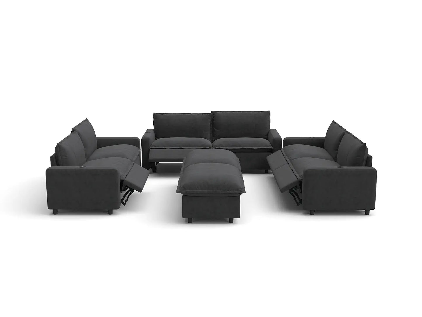 Modular Cero Reclining Sectionals | 8-Piece Grey Linen Open Space Sofa Sets 6-Seater with 2-Ottomans