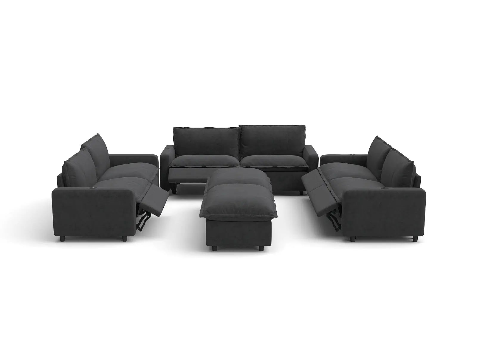 Modular Cero Reclining Sectionals | 8-Piece Grey Linen Open Space Sofa Sets 6-Seater with 2-Ottomans