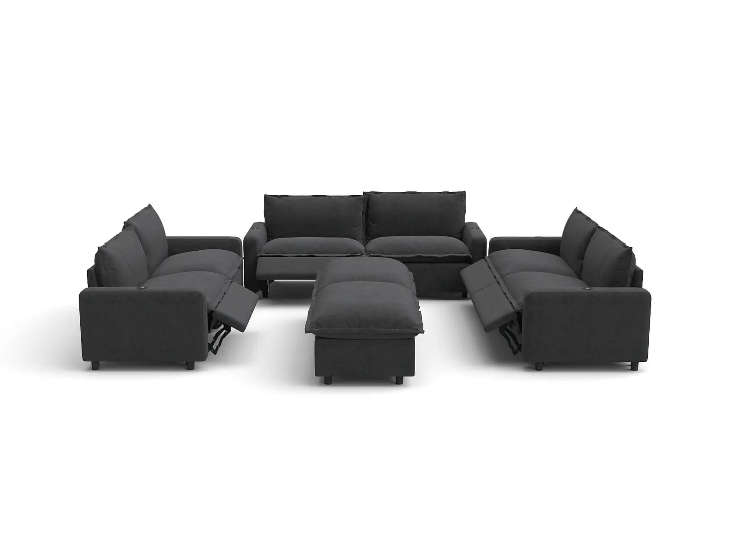 Modular Cero Reclining Sectionals | 8-Piece Grey Linen Open Space Sofa Sets 6-Seater with 2-Ottomans
