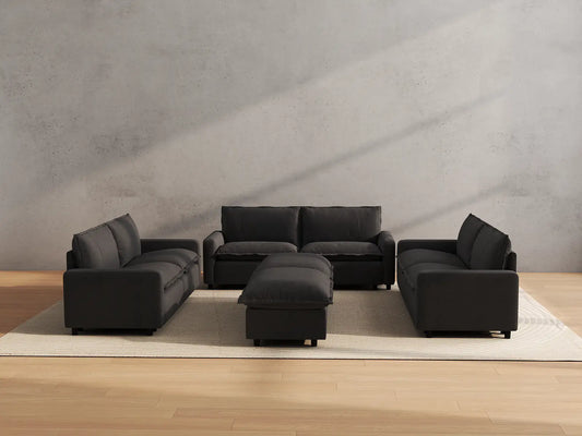 Modular Cero Modular Sectionals | 8-Piece Grey Linen Open Space Sofa Sets 6-Seater with 2-Ottomans