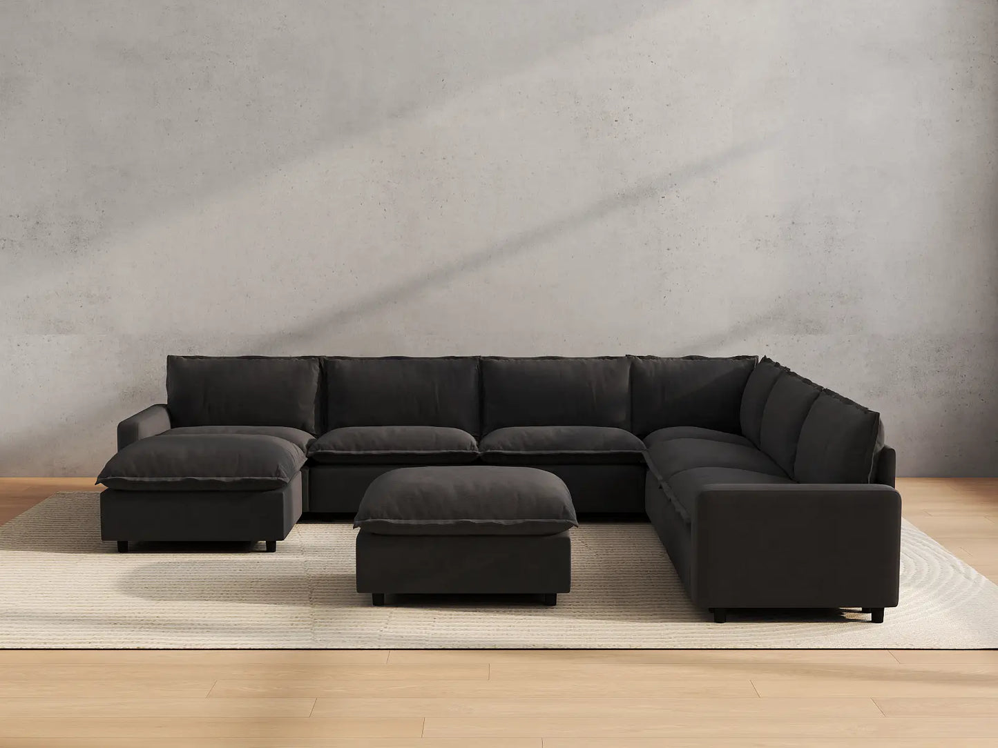 Modular Cero Modular Sectionals | 8-Piece Grey Linen Open Space Sofa Sets 6-Seater with 2-Ottomans