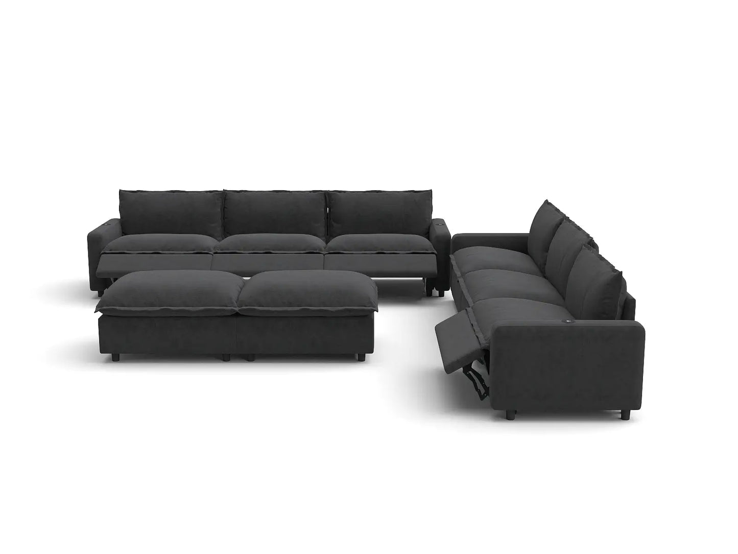 Modular Cero Recliner and Sofa Set | 8-Piece Grey Linen Open Space Sofa Sets 6-Seater with 2-Ottomans