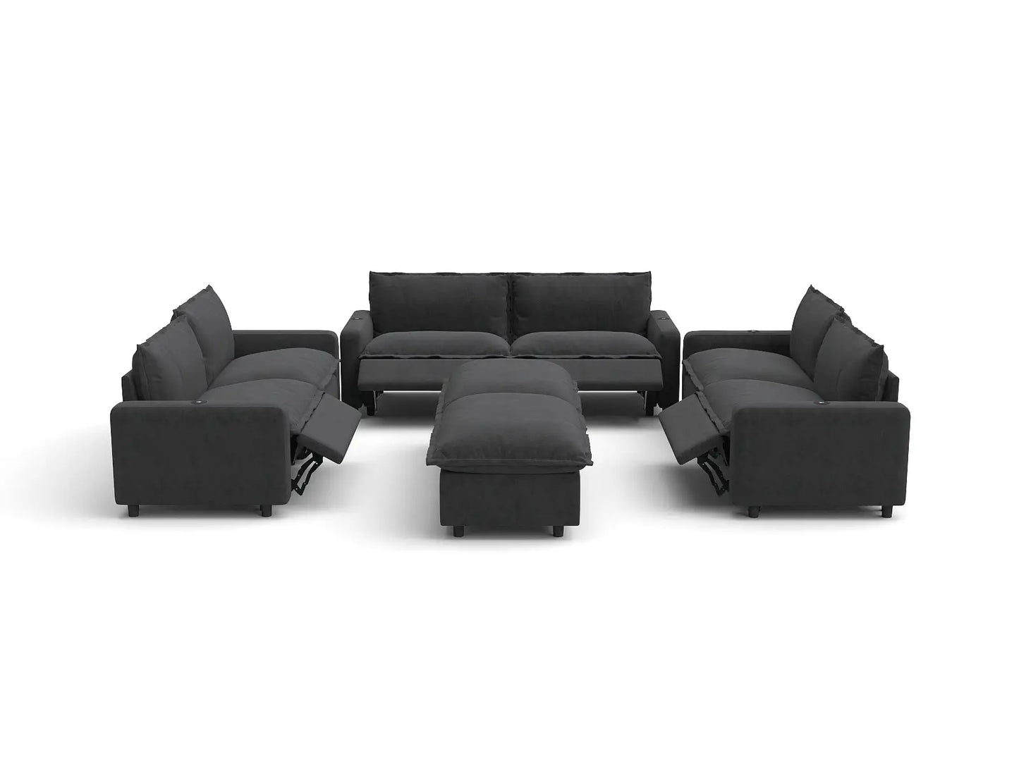 Modular Cero Reclining Sectionals | 8-Piece Grey Linen Open Space Sofa Sets 6-Seater with 2-Ottomans