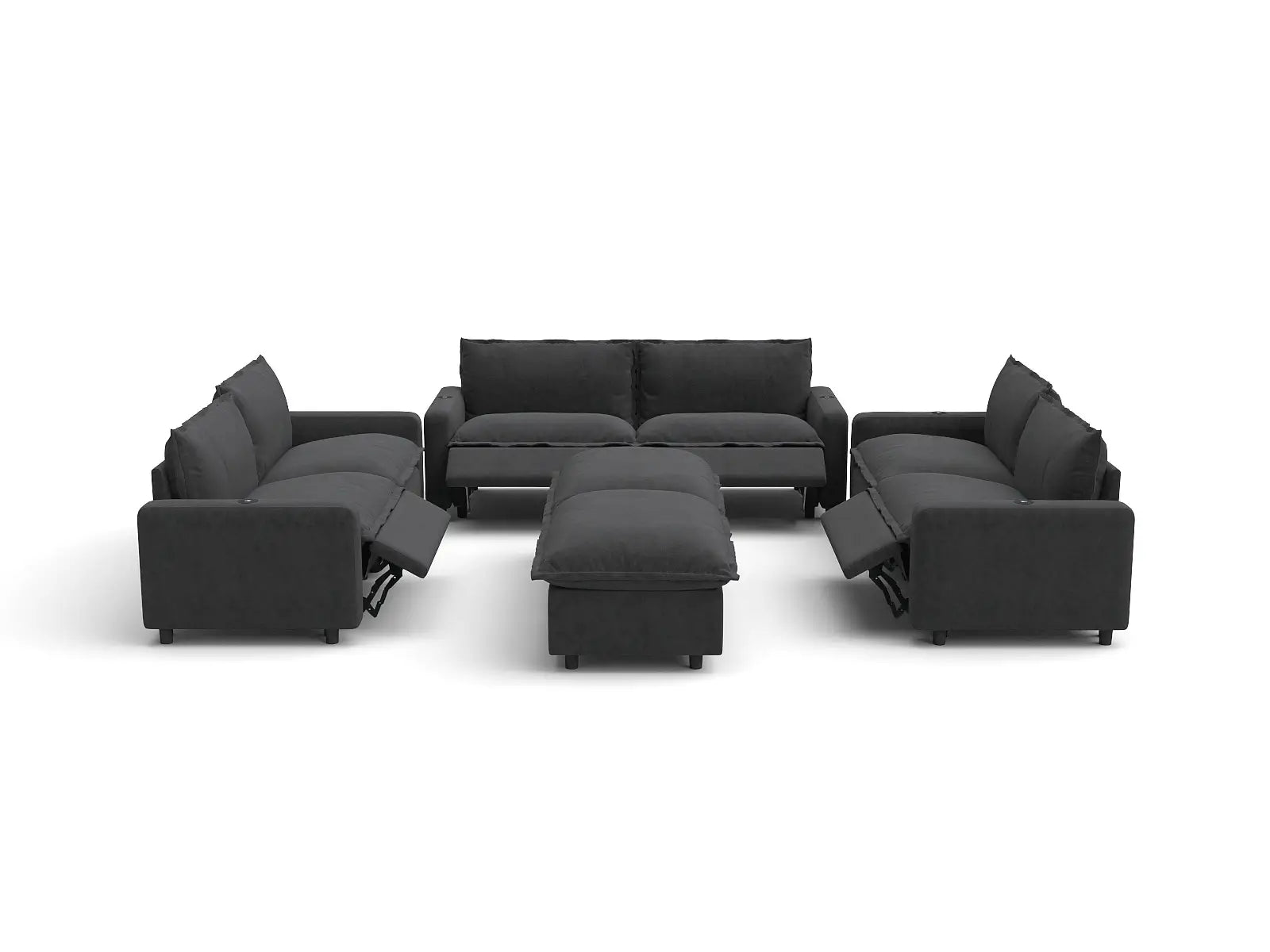 Modular Cero Reclining Sectionals | 8-Piece Grey Linen Open Space Sofa Sets 6-Seater with 2-Ottomans