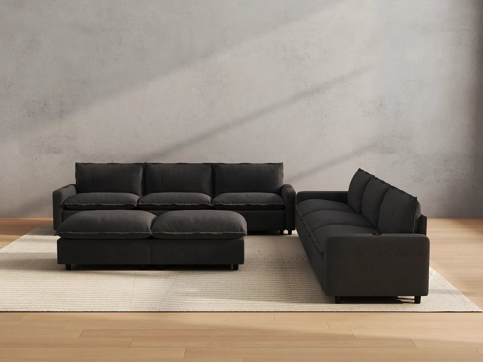 Modular Cero Reclining Sectionals | 8-Piece Grey Linen Open Space Sofa Sets 6-Seater with 2-Ottomans