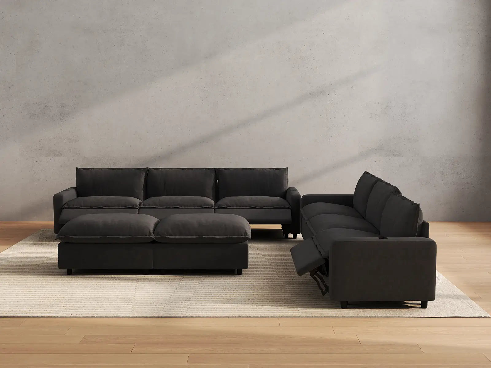 Modular Cero Recliner and Sofa Set | 8-Piece Grey Linen Open Space Sofa Sets 6-Seater with 2-Ottomans