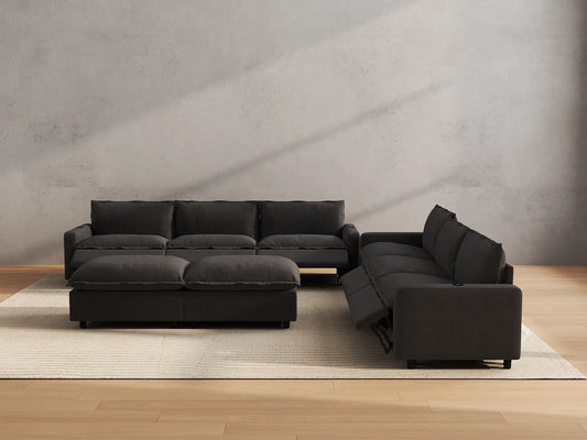 Modular Cero Reclining Sectionals | 8-Piece Grey Linen Open Space Sofa Sets 6-Seater with 2-Ottomans