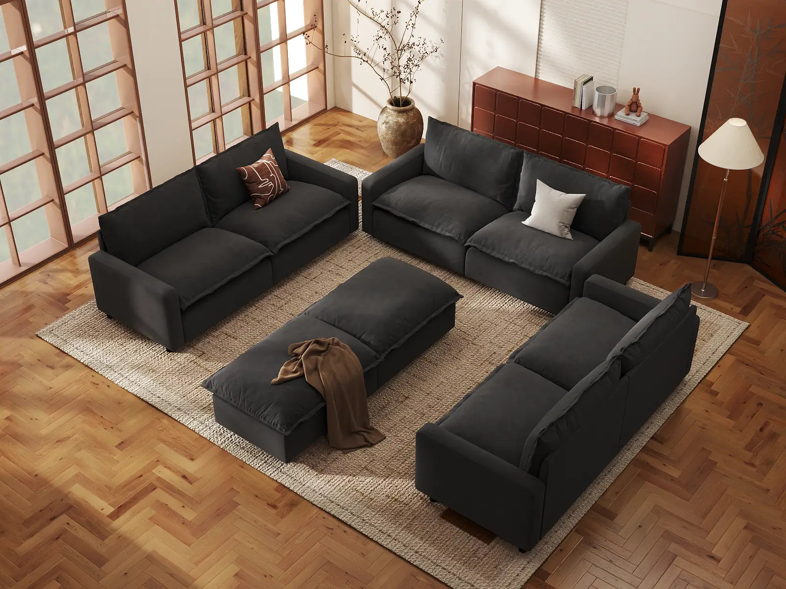 Modular Cero Modular Sectionals | 8-Piece Grey Linen Open Space Sofa Sets 6-Seater with 2-Ottomans