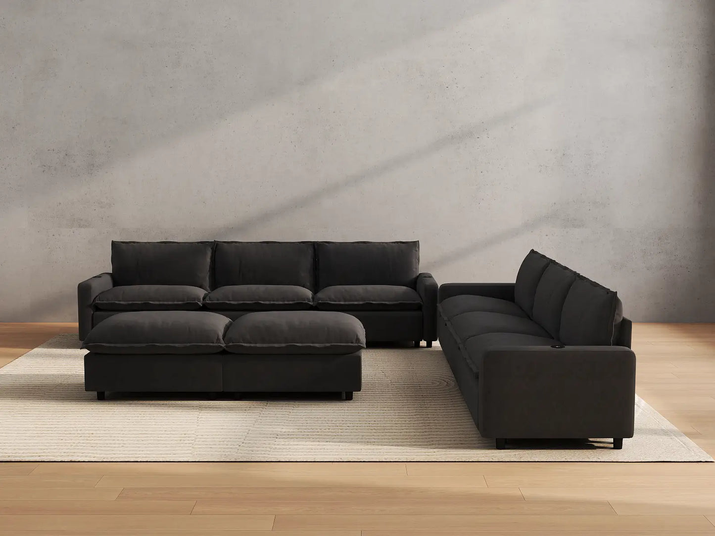Modular Cero Recliner and Sofa Set | 8-Piece Grey Linen Open Space Sofa Sets 6-Seater with 2-Ottomans