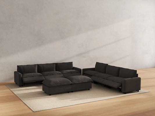 Modular Cero Reclining Sectionals | 8-Piece Grey Linen Open Space Sofa Sets 6-Seater with 2-Ottomans