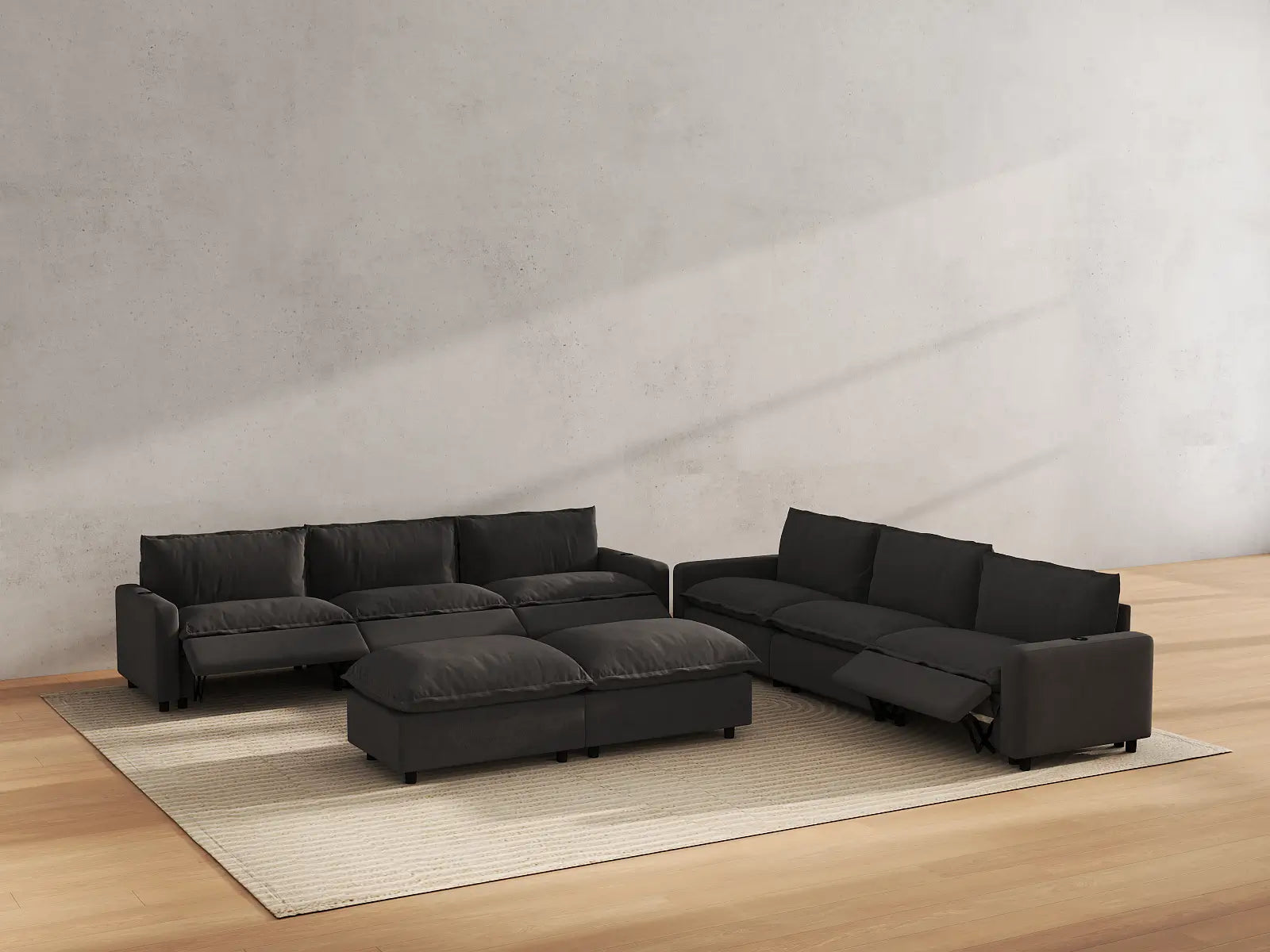 Modular Cero Recliner and Sofa Set | 8-Piece Grey Linen Open Space Sofa Sets 6-Seater with 2-Ottomans