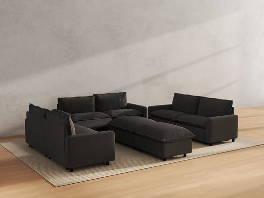 Modular Cero Reclining Sectionals | 8-Piece Grey Linen Open Space Sofa Sets 6-Seater with 2-Ottomans