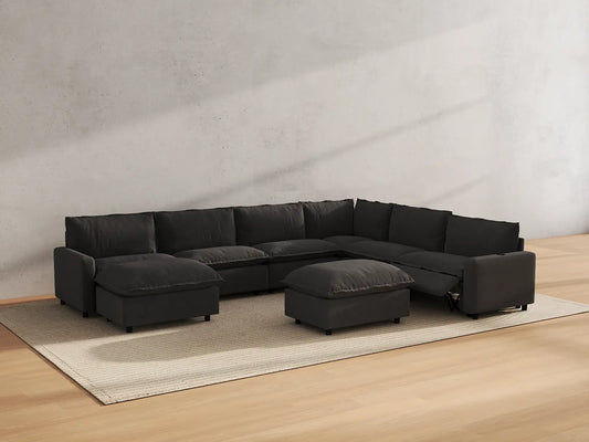 Modular Cero Reclining Sectionals | 8-Piece Grey Linen Open Space Sofa Sets 6-Seater with 2-Ottomans