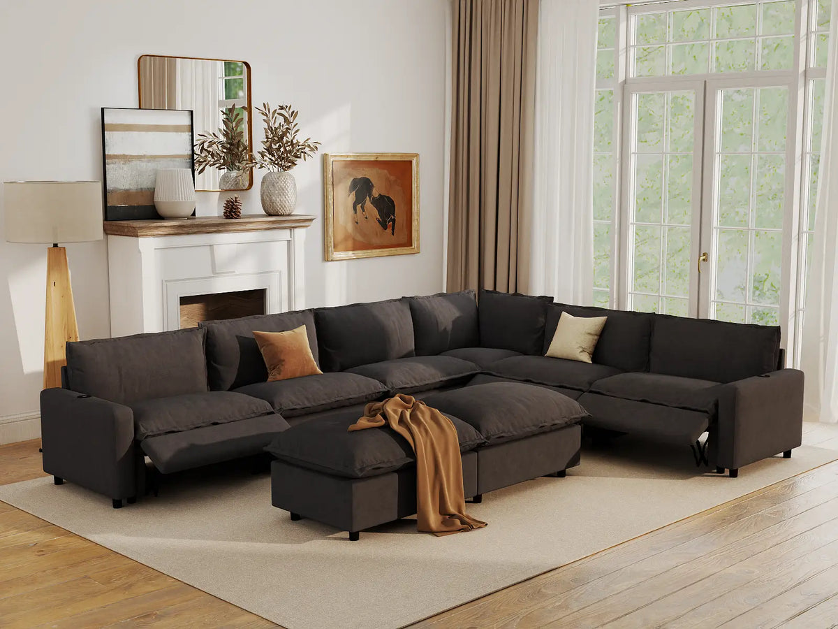 Modular Cero Reclining Sectionals | 8-Piece Grey Linen Open Space Sofa Sets 6-Seater with 2-Ottomans