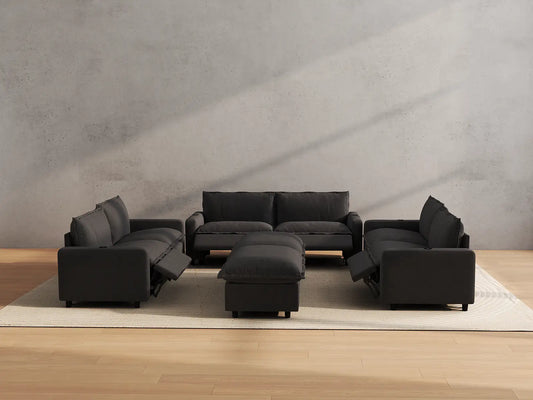 Modular Cero Reclining Sectionals | 8-Piece Grey Linen Open Space Sofa Sets 6-Seater with 2-Ottomans