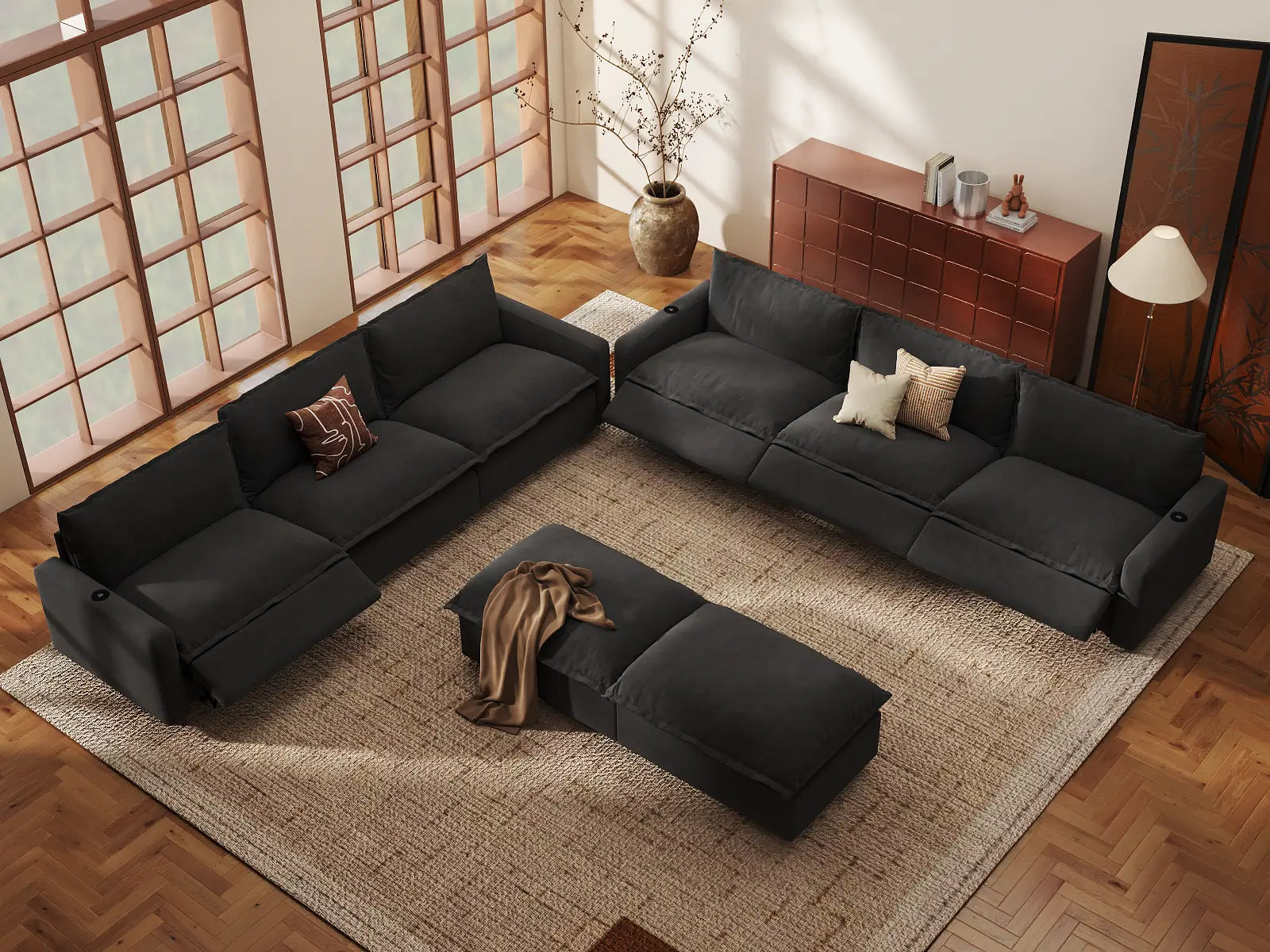 Modular Cero Recliner and Sofa Set | 8-Piece Grey Linen Open Space Sofa Sets 6-Seater with 2-Ottomans