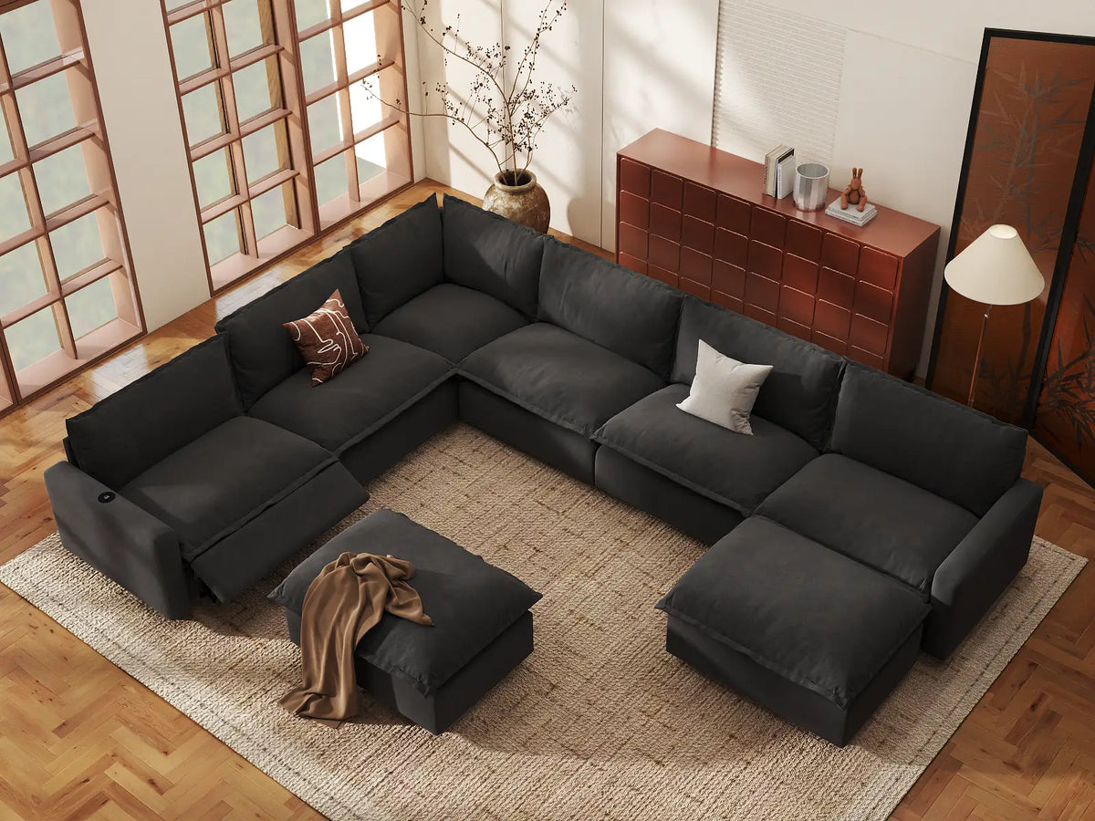 Modular Cero Reclining Sectionals | 8-Piece Grey Linen Open Space Sofa Sets 6-Seater with 2-Ottomans