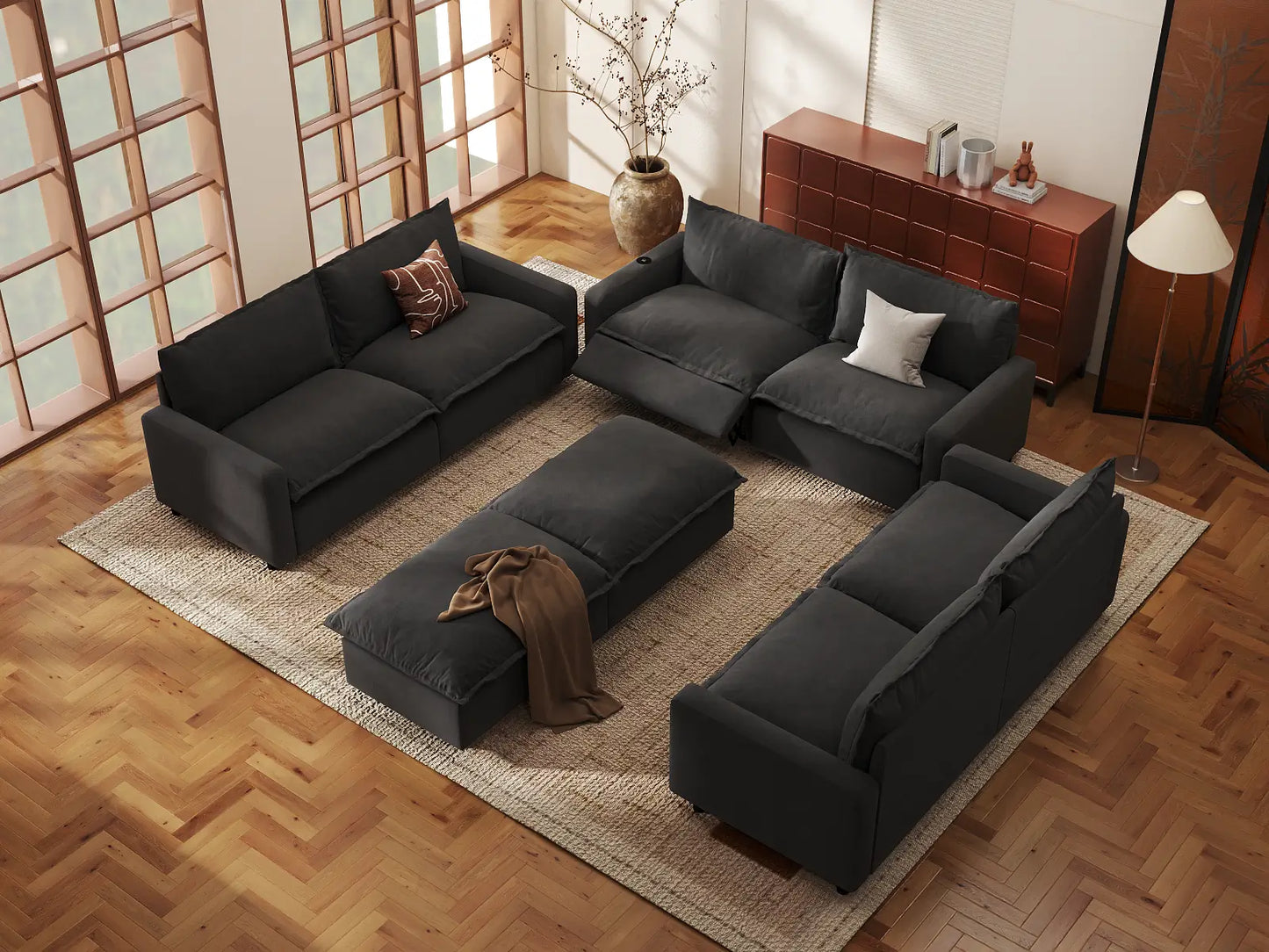 Modular Cero Reclining Sectionals | 8-Piece Grey Linen Open Space Sofa Sets 6-Seater with 2-Ottomans