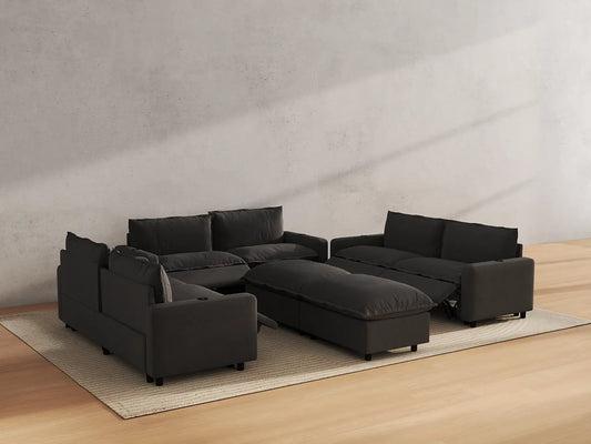 Modular Cero Reclining Sectionals | 8-Piece Grey Linen Open Space Sofa Sets 6-Seater with 2-Ottomans