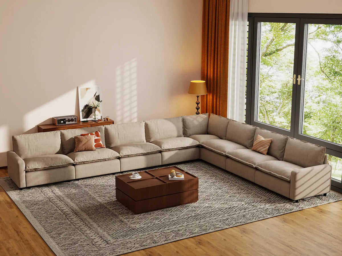 Modular Cero Modular Sectionals | 8-Piece Khaki Linen Grand Estate V-Shaped Sectionals 8-Seater