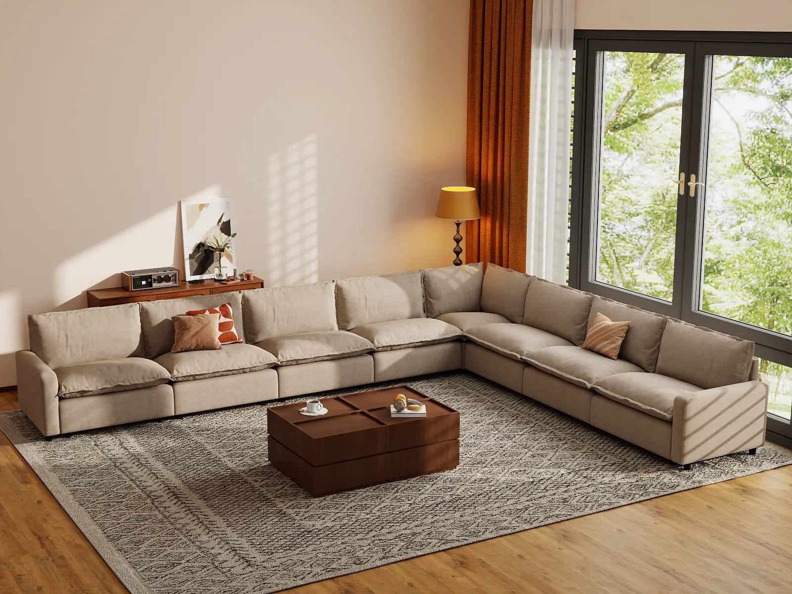 Modular Cero Sectional Sofa Modular | 8-Piece Khaki Linen Grand Estate V-Shaped Sectionals 8-Seater
