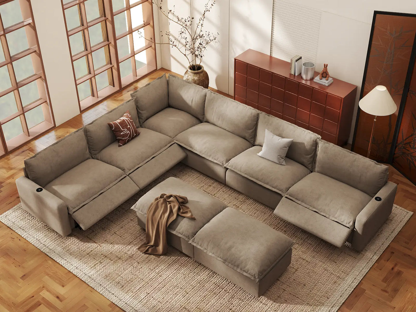 Modular Cero Reclining Sectionals | 8-Piece Khaki Linen Open Plan Sofa Sets 6-Seater with 2-Ottomans