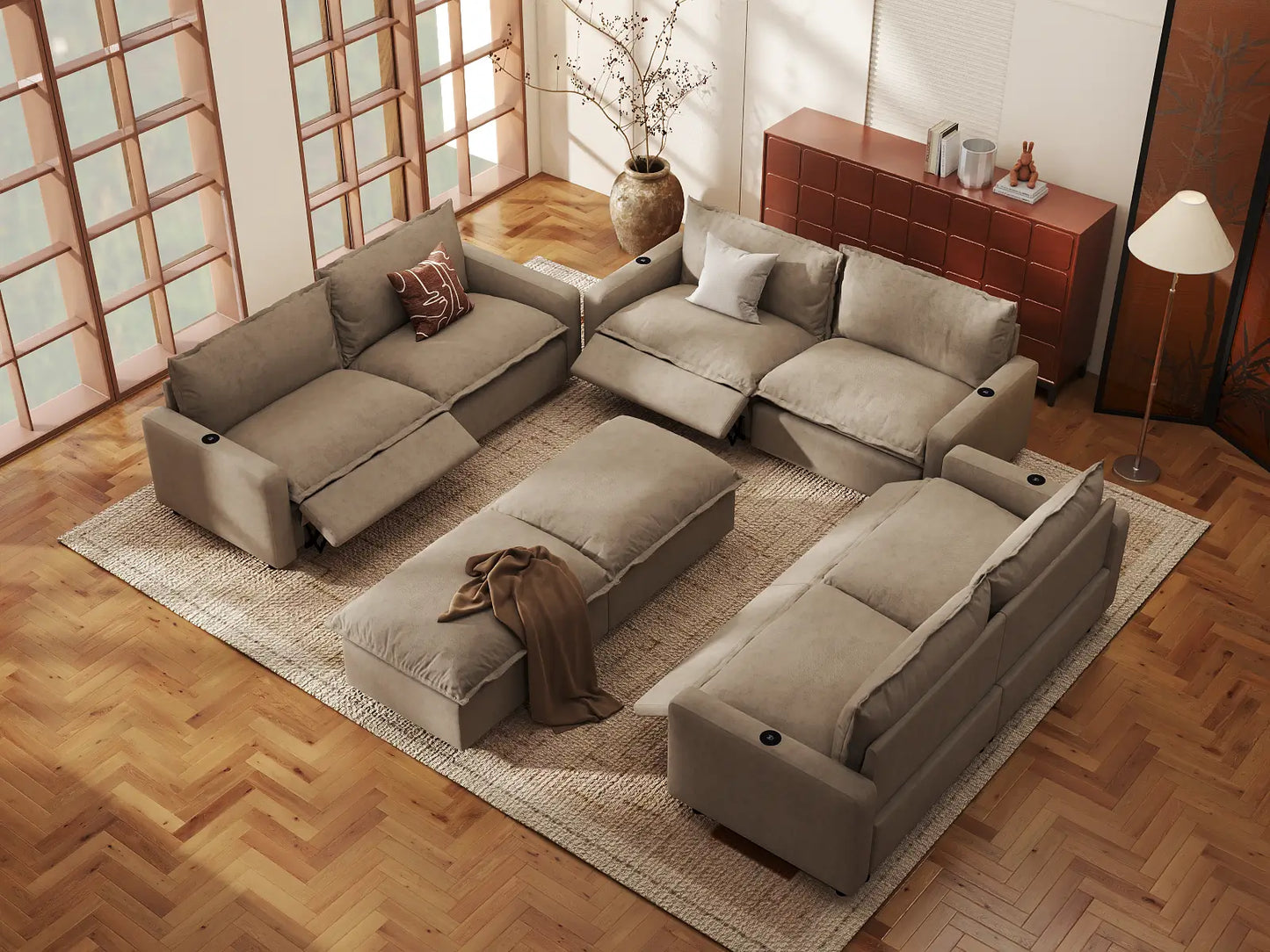 Modular Cero Reclining Sectionals | 8-Piece Khaki Linen Open Plan Sofa Sets 6-Seater with 2-Ottomans
