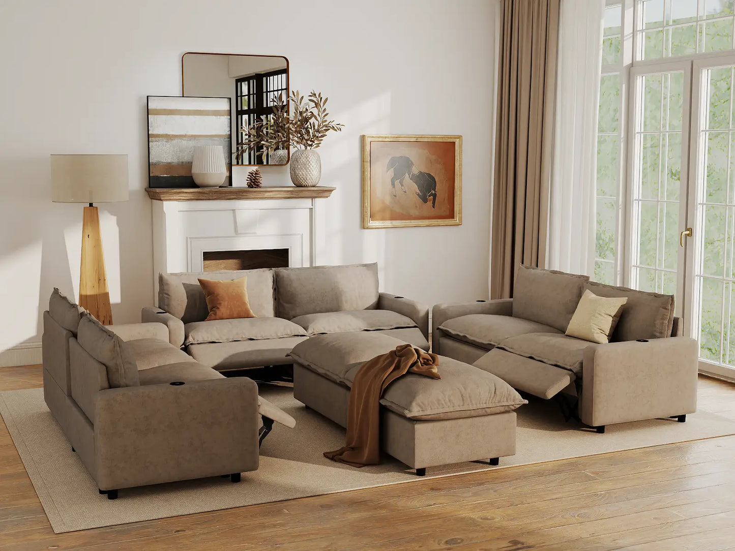 Modular Cero Reclining Sectionals | 8-Piece Khaki Linen Open Plan Sofa Sets 6-Seater with 2-Ottomans