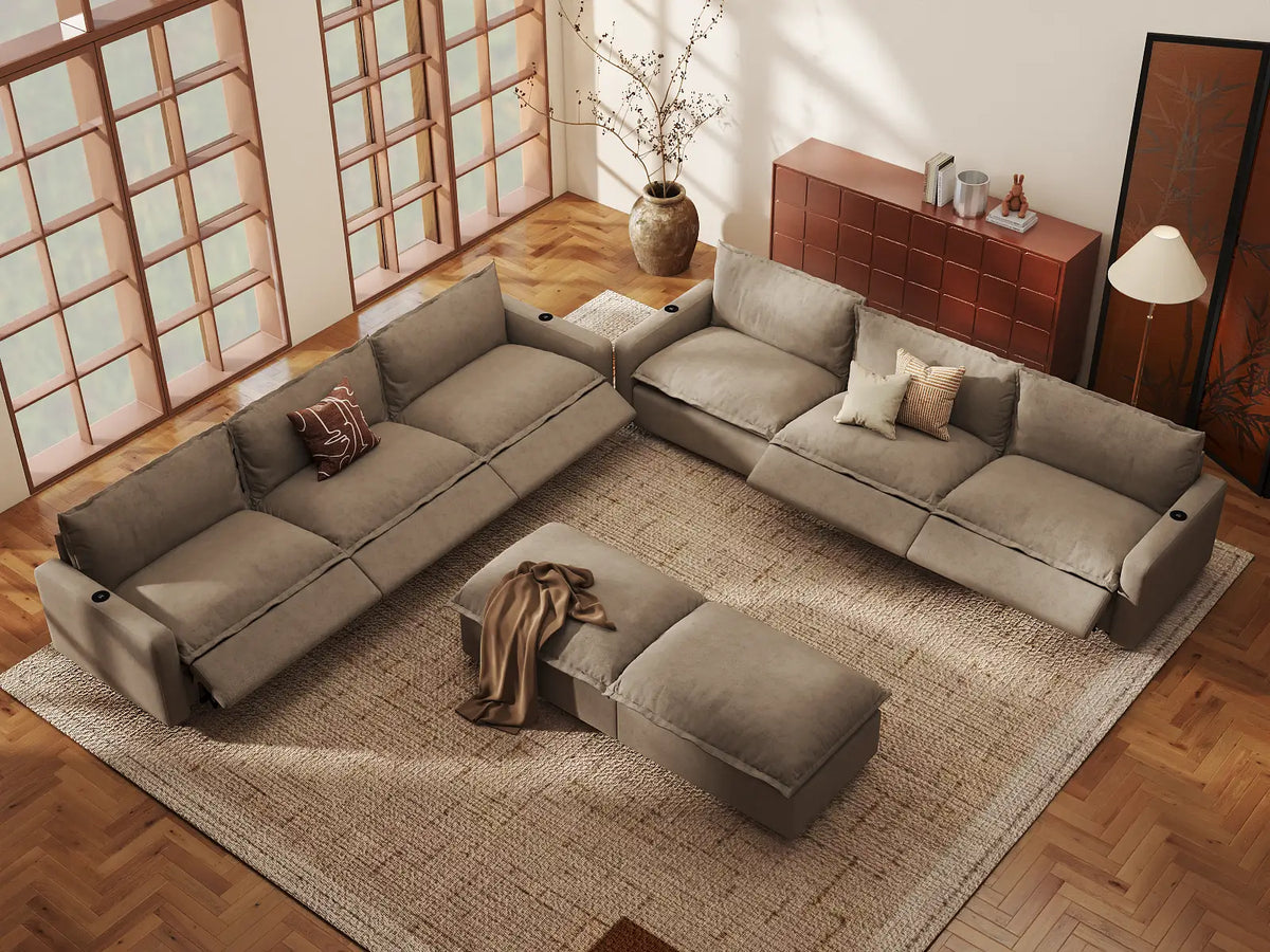 Modular Cero Reclining Sectionals | 8-Piece Khaki Linen Open Plan Sofa Sets 6-Seater with 2-Ottomans