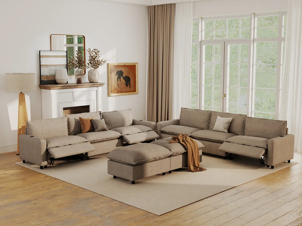 Modular Cero Reclining Sectionals | 8-Piece Khaki Linen Open Plan Sofa Sets 6-Seater with 2-Ottomans
