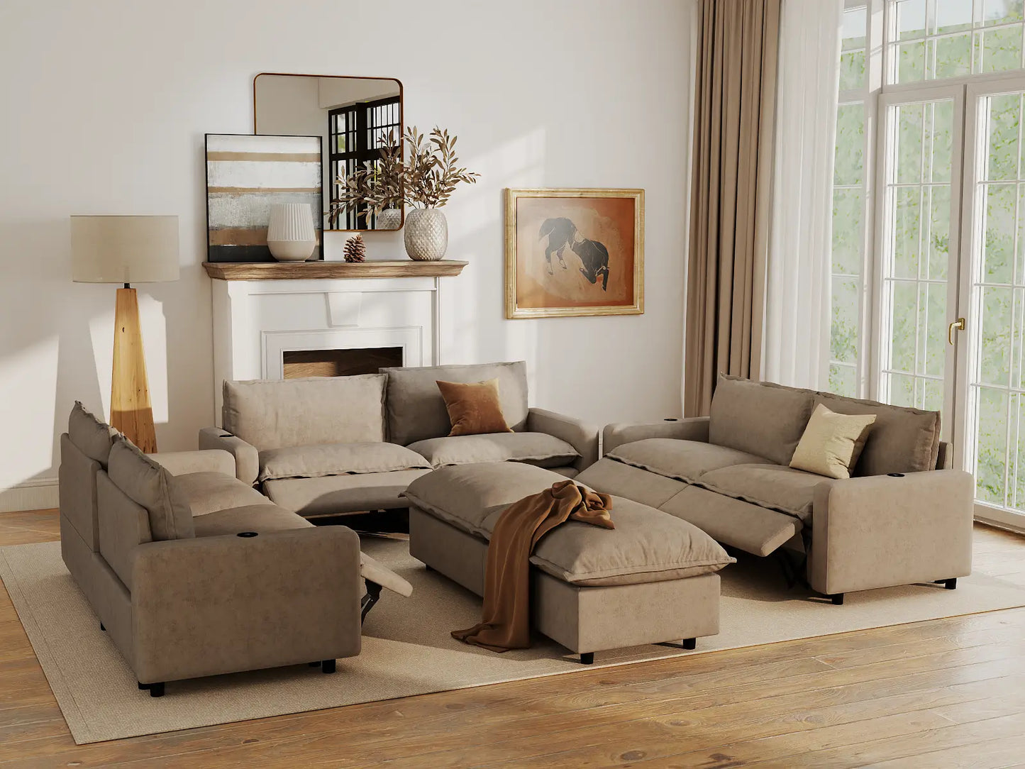 Modular Cero Reclining Sectionals | 8-Piece Khaki Linen Open Plan Sofa Sets 6-Seater with 2-Ottomans