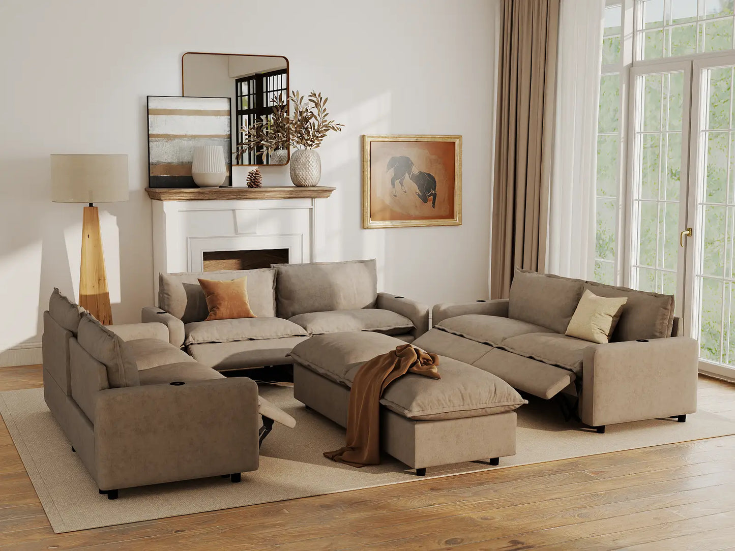 Modular Cero Reclining Sectionals | 8-Piece Khaki Linen Open Plan Sofa Sets 6-Seater with 2-Ottomans