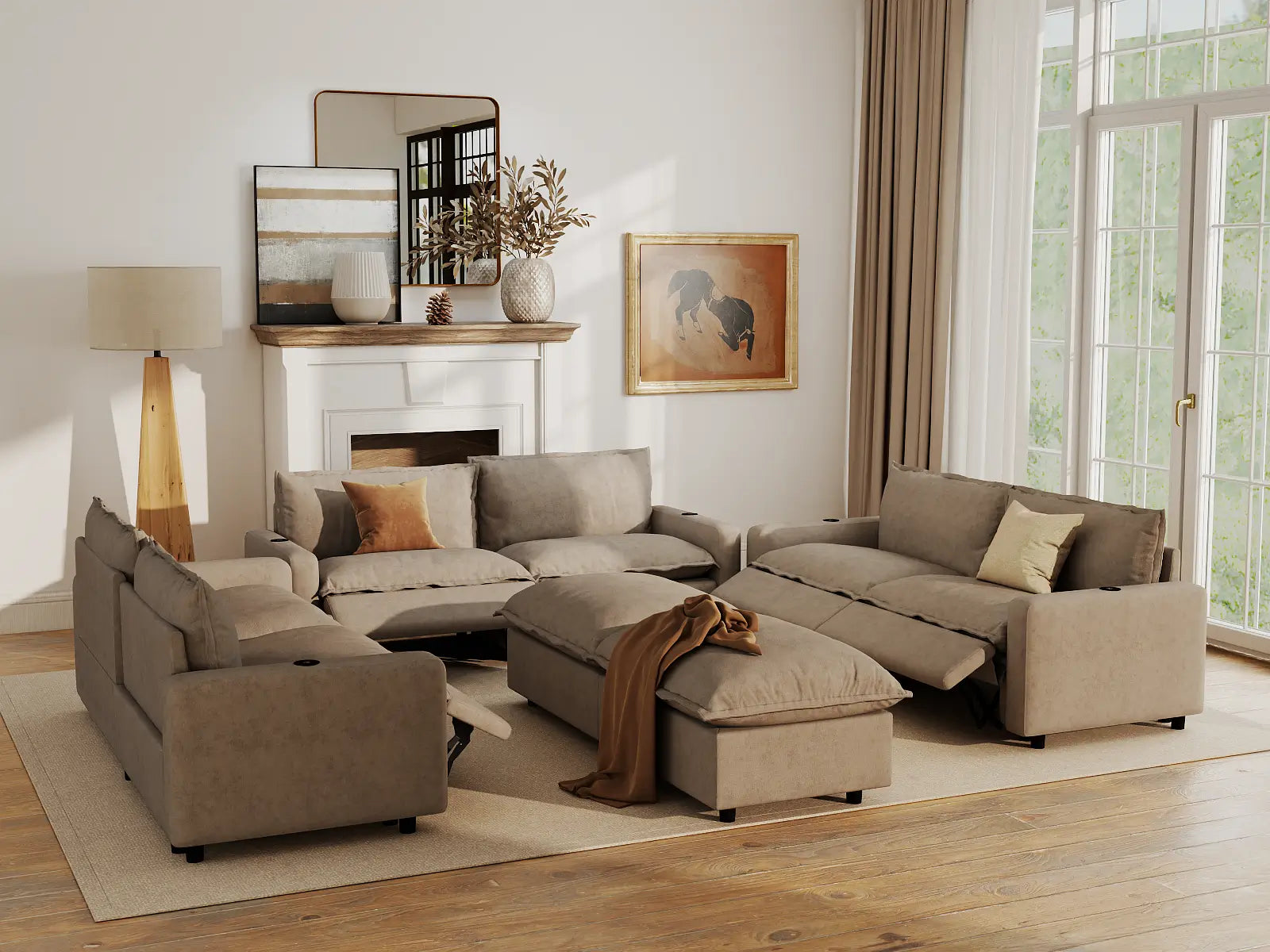 Modular Cero Reclining Sectionals | 8-Piece Khaki Linen Open Plan Sofa Sets 6-Seater with 2-Ottomans