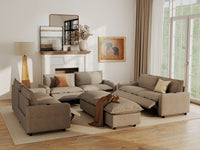 Modular Cero Reclining Sectionals | 8-Piece Khaki Linen Open Plan Sofa Sets 6-Seater with 2-Ottomans