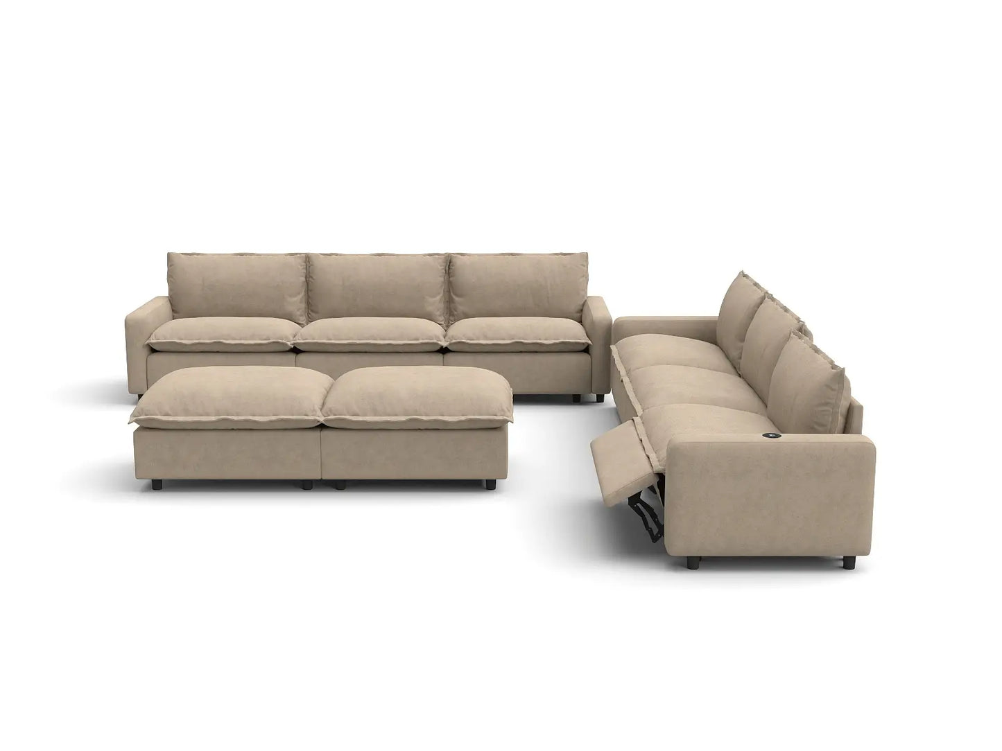 Modular Cero Living Room Sofa Set Recliner | 8-Piece Khaki Linen Open Plan Sofa Sets 6-Seater with 2-Ottomans