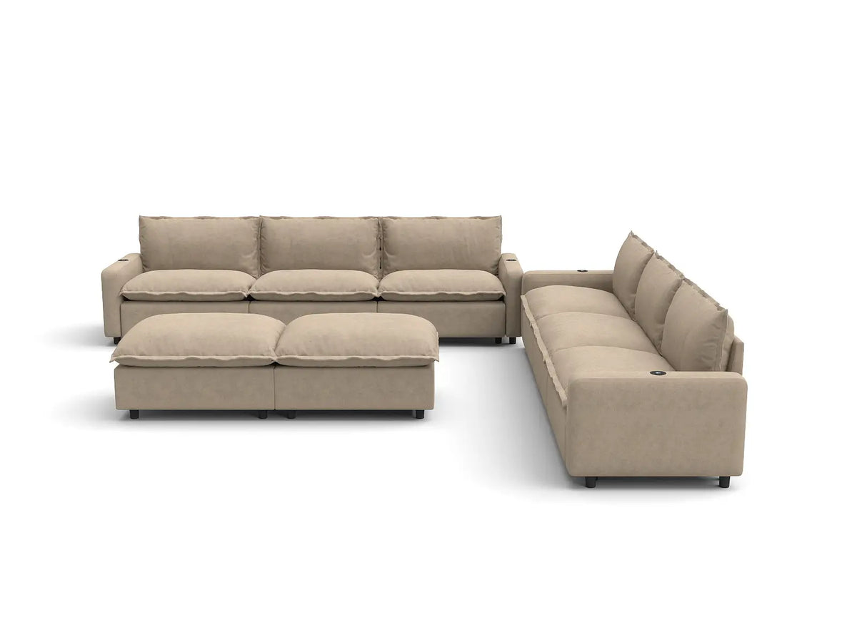 Modular Cero Reclining Sectionals | 8-Piece Khaki Linen Open Plan Sofa Sets 6-Seater with 2-Ottomans