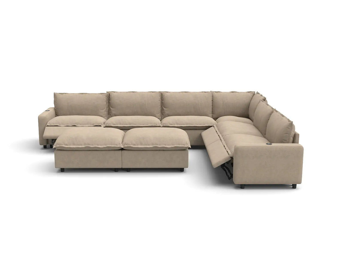 Modular Cero Reclining Sectionals | 8-Piece Khaki Linen Open Plan Sofa Sets 6-Seater with 2-Ottomans