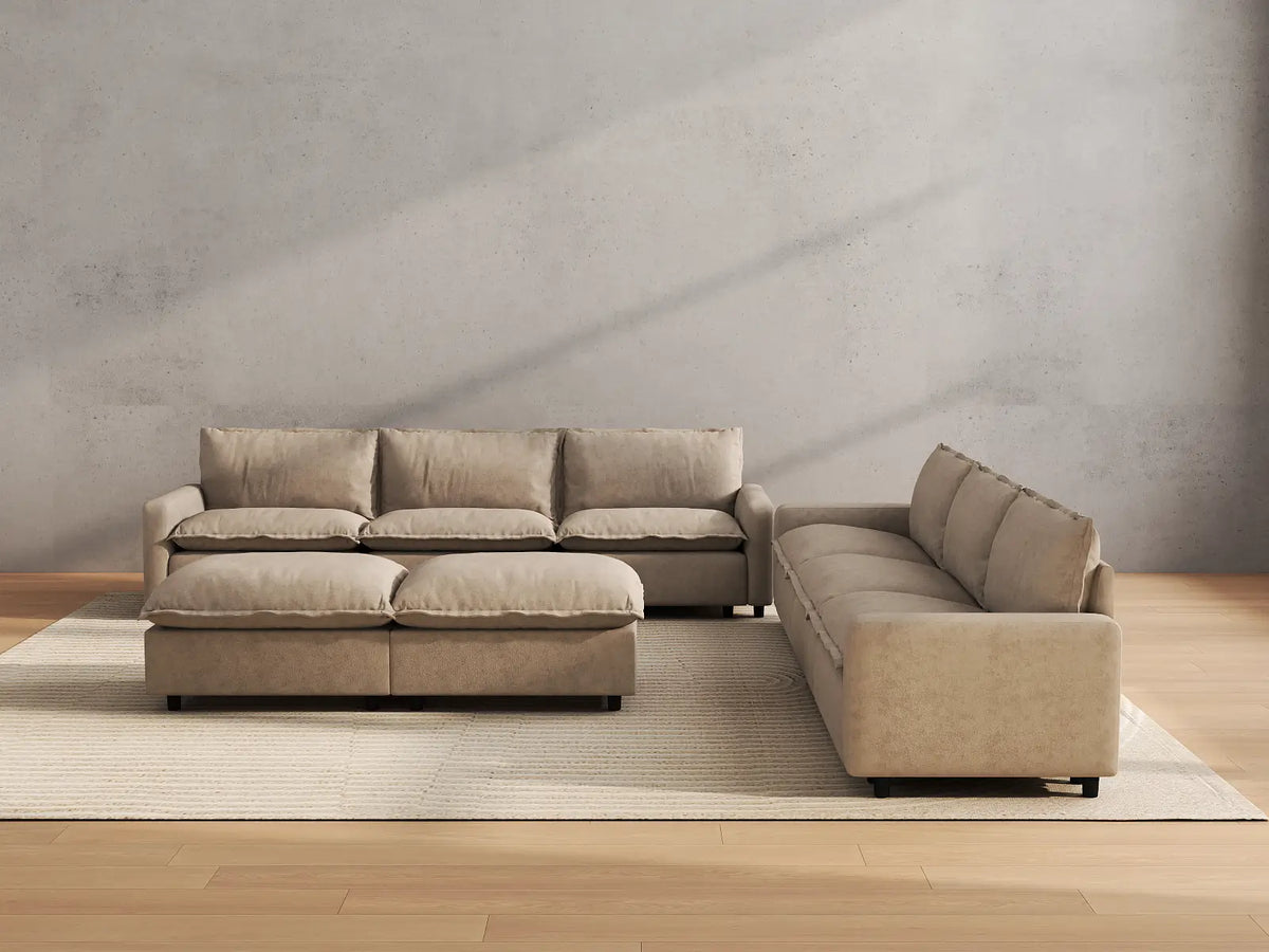 Modular Cero Modular Sectionals | 8-Piece Khaki Linen Open Plan Sofa Sets 6-Seater with 2-Ottomans