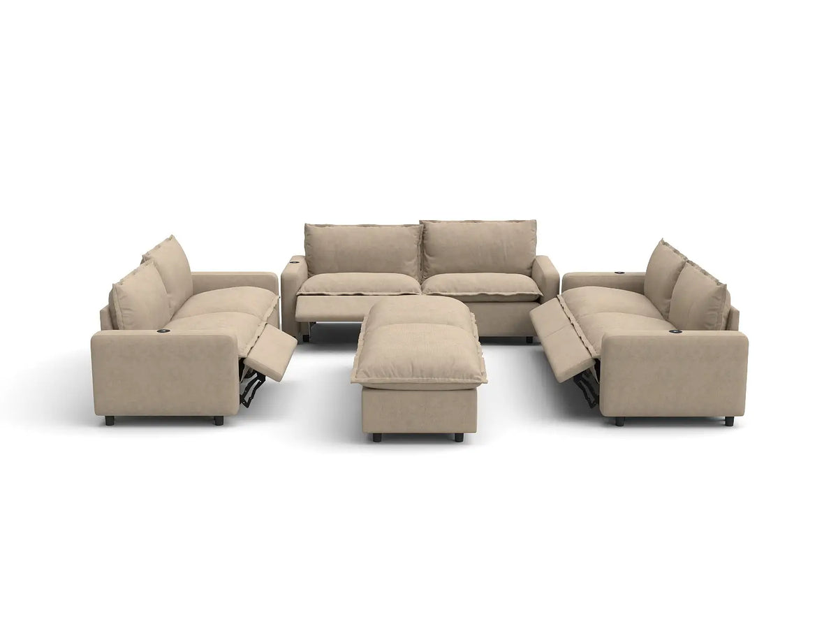 Modular Cero Reclining Sectionals | 8-Piece Khaki Linen Open Plan Sofa Sets 6-Seater with 2-Ottomans