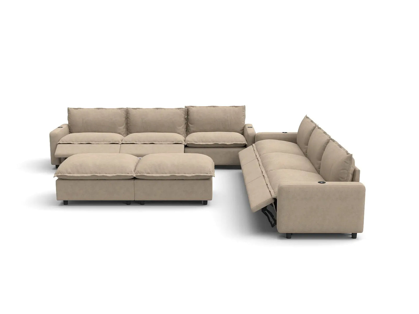 Modular Cero Reclining Sectionals | 8-Piece Khaki Linen Open Plan Sofa Sets 6-Seater with 2-Ottomans