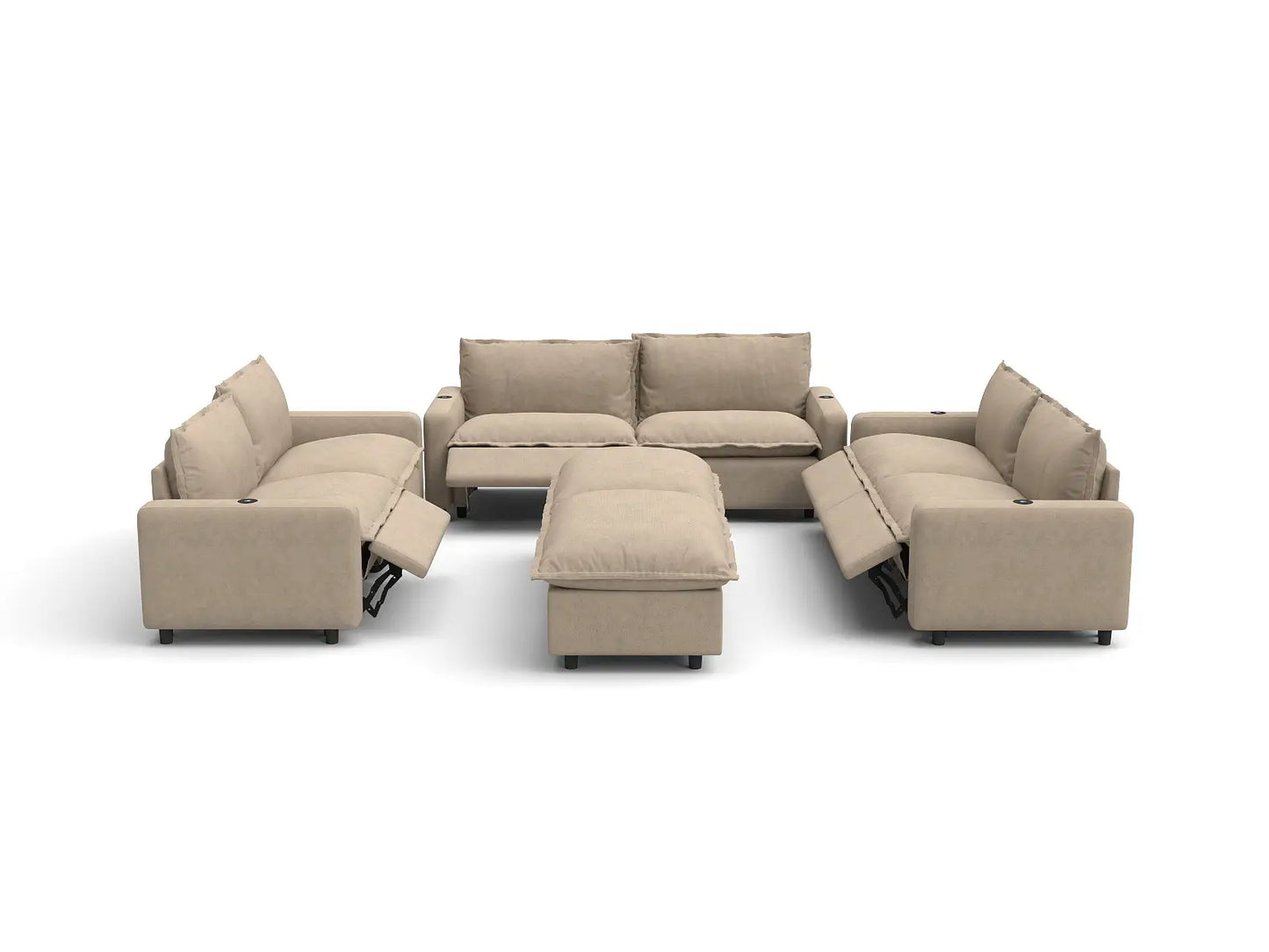 Modular Cero Reclining Sectionals | 8-Piece Khaki Linen Open Plan Sofa Sets 6-Seater with 2-Ottomans