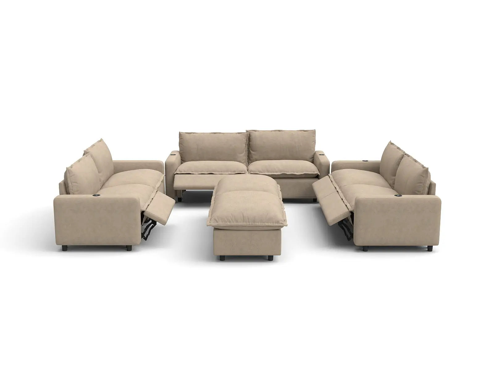 Modular Cero Reclining Sectionals | 8-Piece Khaki Linen Open Plan Sofa Sets 6-Seater with 2-Ottomans