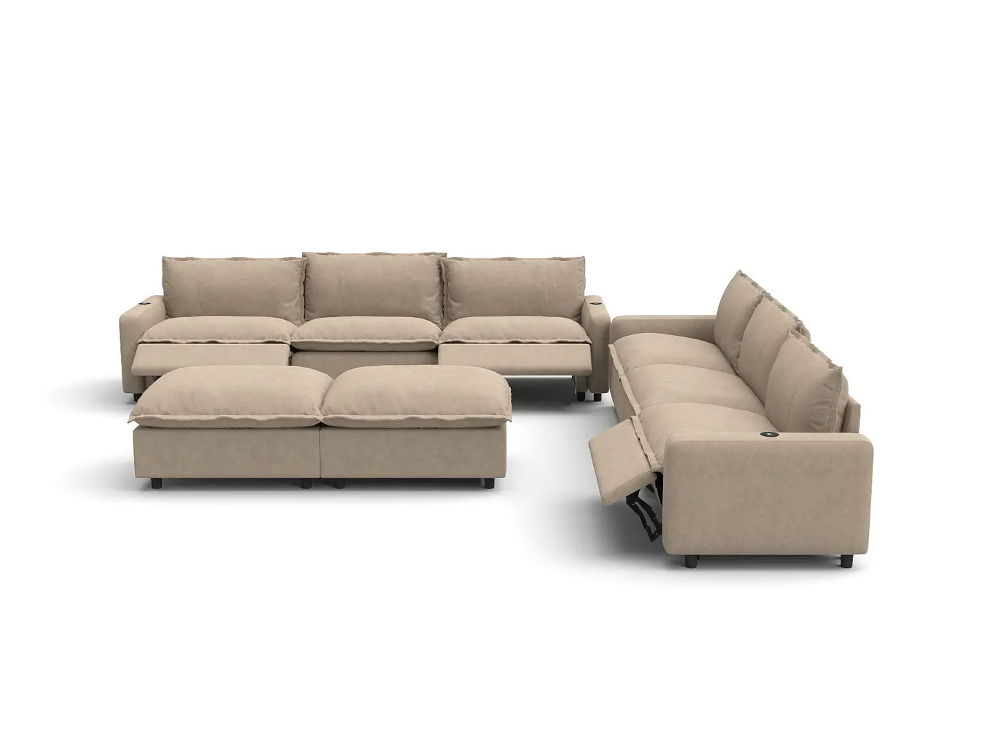 Modular Cero Reclining Sectionals | 8-Piece Khaki Linen Open Plan Sofa Sets 6-Seater with 2-Ottomans