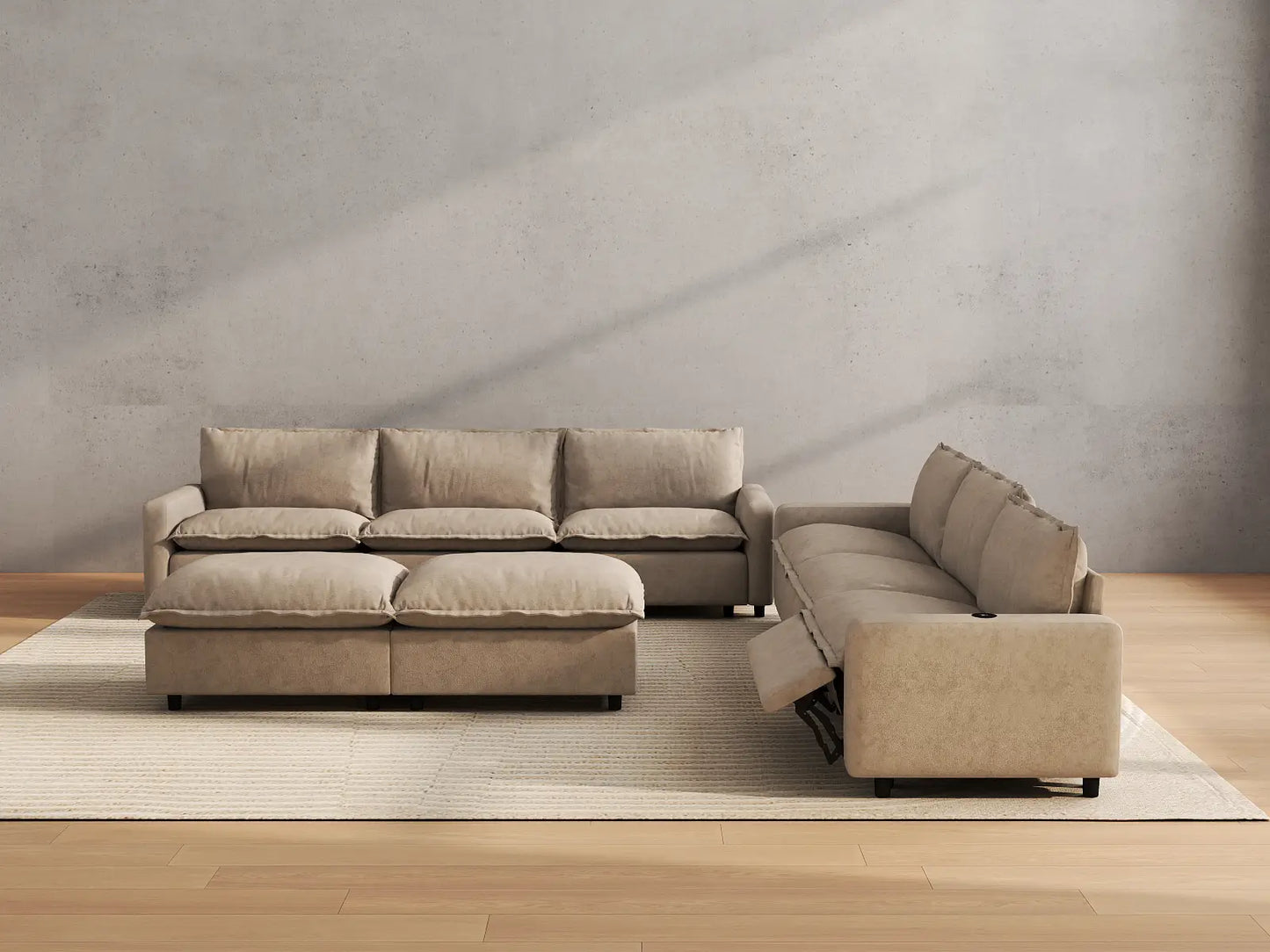 Modular Cero Living Room Sofa Set Recliner | 8-Piece Khaki Linen Open Plan Sofa Sets 6-Seater with 2-Ottomans