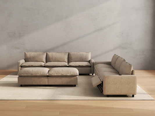 Modular Cero Reclining Sectionals | 8-Piece Khaki Linen Open Plan Sofa Sets 6-Seater with 2-Ottomans