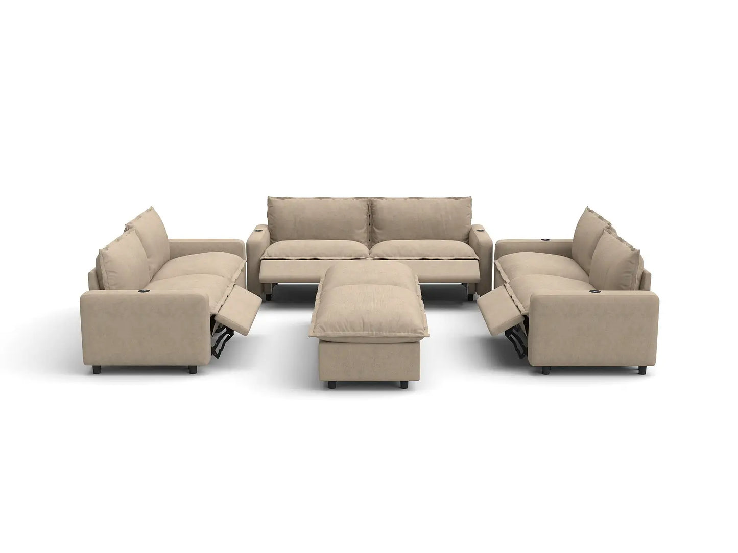 Modular Cero Reclining Sectionals | 8-Piece Khaki Linen Open Plan Sofa Sets 6-Seater with 2-Ottomans
