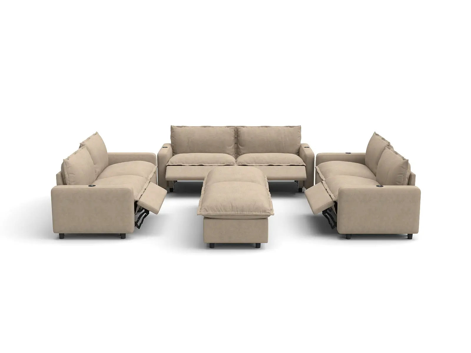 Modular Cero Reclining Sectionals | 8-Piece Khaki Linen Open Plan Sofa Sets 6-Seater with 2-Ottomans