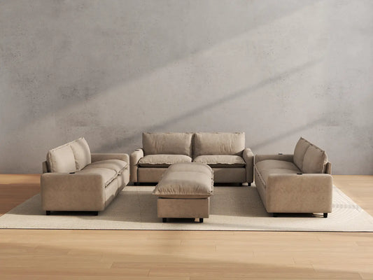 Modular Cero Reclining Sectionals | 8-Piece Khaki Linen Open Plan Sofa Sets 6-Seater with 2-Ottomans