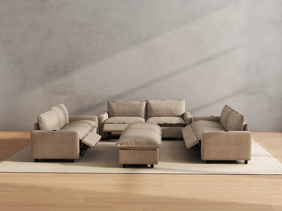 Modular Cero Reclining Sectionals | 8-Piece Khaki Linen Open Plan Sofa Sets 6-Seater with 2-Ottomans