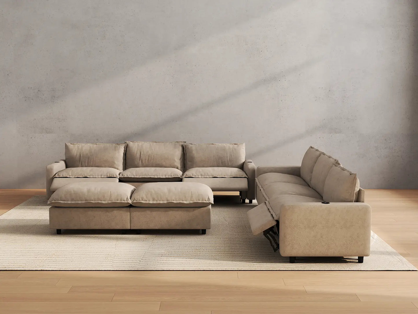 Modular Cero Reclining Sectionals | 8-Piece Khaki Linen Open Plan Sofa Sets 6-Seater with 2-Ottomans